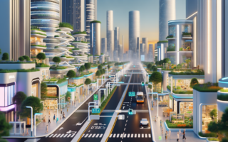 "alt_text": "Jalan berteknologi tinggi dengan inovasi ekologi dan kemudahan modern."