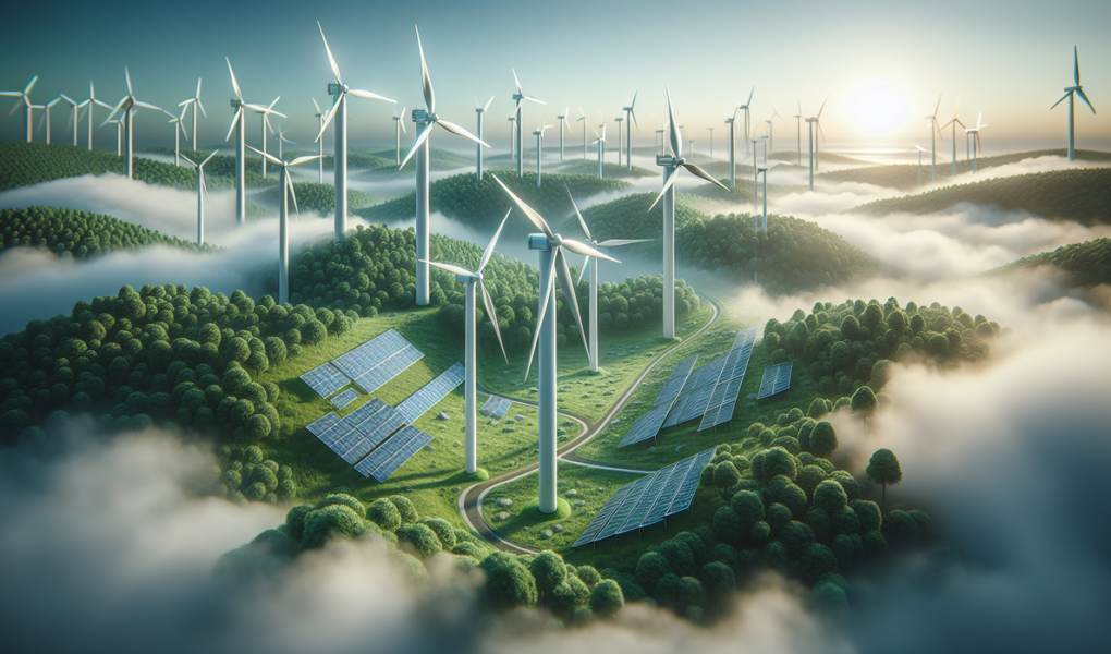 alt_text: Turbin angin dan panel surya di lanskap hijau simbol transformasi energi berkelanjutan.
