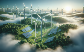 alt_text: Turbin angin dan panel surya di lanskap hijau simbol transformasi energi berkelanjutan.