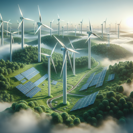 alt_text: Turbin angin dan panel surya di lanskap hijau simbol transformasi energi berkelanjutan.
