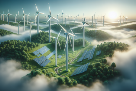 alt_text: Turbin angin dan panel surya di lanskap hijau simbol transformasi energi berkelanjutan.