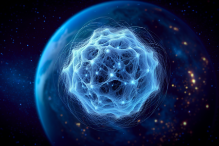 alt_text: Ilustrasi partikel neutrino, tak bermassa, menembus materi bumi tanpa hambatan.