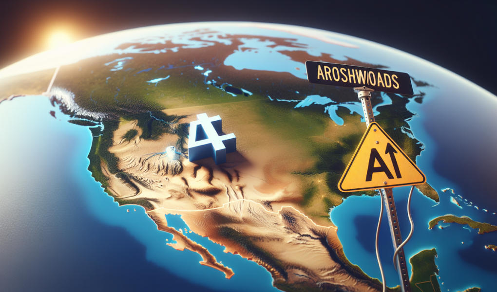 alt_text: "Peta Barat Laut AS, simbol AI dan tanda jalan, menggambarkan regulasi AI di wilayah tersebut."