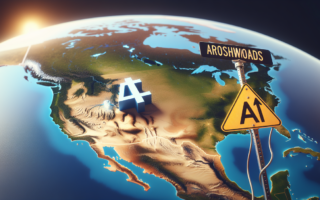 alt_text: "Peta Barat Laut AS, simbol AI dan tanda jalan, menggambarkan regulasi AI di wilayah tersebut."