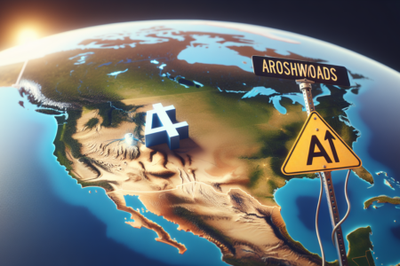 alt_text: "Peta Barat Laut AS, simbol AI dan tanda jalan, menggambarkan regulasi AI di wilayah tersebut."