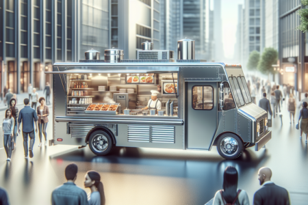 alt_text: Food truck modern dengan dapur stainless steel yang canggih dan bersih.