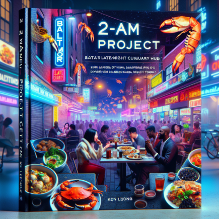 alt_text: Pemandangan malam di Baltimore, cahaya kota dan aktivitas santai di tengah keramaian.