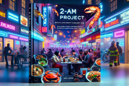 alt_text: Pemandangan malam di Baltimore, cahaya kota dan aktivitas santai di tengah keramaian.