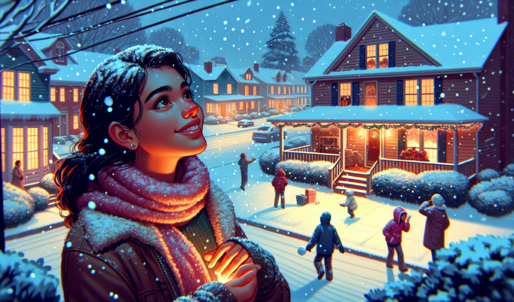 alt_text: Orang-orang berbicara di jalan bersalju saat salju pertama musim ini turun dengan lembut.