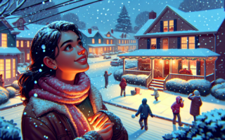 alt_text: Orang-orang berbicara di jalan bersalju saat salju pertama musim ini turun dengan lembut.