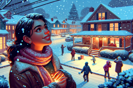 alt_text: Orang-orang berbicara di jalan bersalju saat salju pertama musim ini turun dengan lembut.