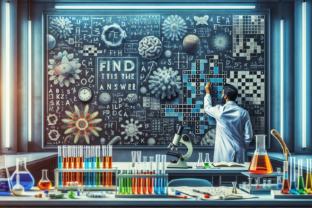 alt_text: Pekerja lab menganalisis petunjuk di ssts:entertainment:puzzles:crosswords.