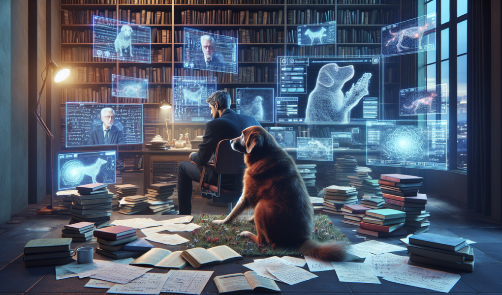 alt_text: Anjing sedang menunggu pembaruan software terkait vaksin AI di layar komputer.