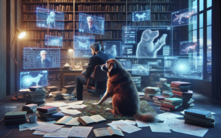 alt_text: Anjing sedang menunggu pembaruan software terkait vaksin AI di layar komputer.