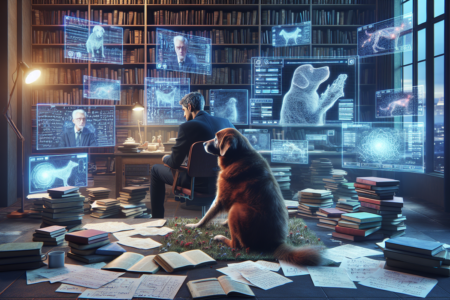 alt_text: Anjing sedang menunggu pembaruan software terkait vaksin AI di layar komputer.