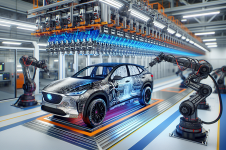 alt_text: Robot canggih mencetak komponen mobil, mengubah produksi di pabrik otomotif.