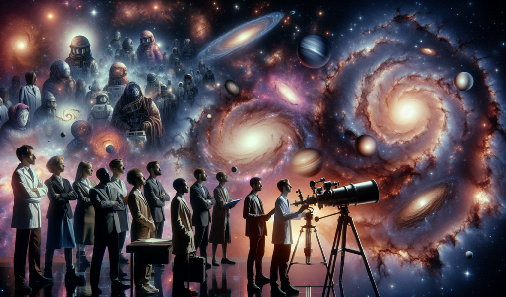 alt_text: Poster futuristik bertuliskan "Menyambut Revolusi Baru Memahami Universe" dengan latar bintang.