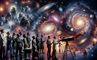 alt_text: Poster futuristik bertuliskan "Menyambut Revolusi Baru Memahami Universe" dengan latar bintang.