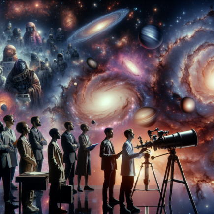 alt_text: Poster futuristik bertuliskan "Menyambut Revolusi Baru Memahami Universe" dengan latar bintang.
