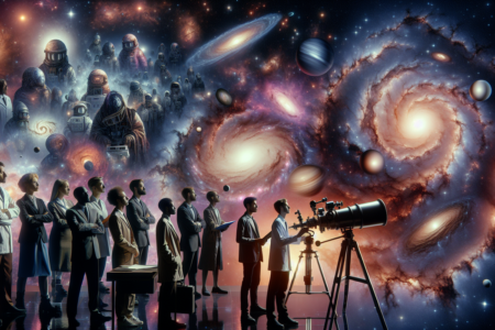 alt_text: Poster futuristik bertuliskan "Menyambut Revolusi Baru Memahami Universe" dengan latar bintang.