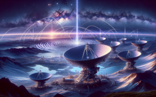 alt_text: Antena besar berkomunikasi dengan pesawat luar angkasa di stasiun Deep Space Network.