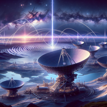 alt_text: Antena besar berkomunikasi dengan pesawat luar angkasa di stasiun Deep Space Network.