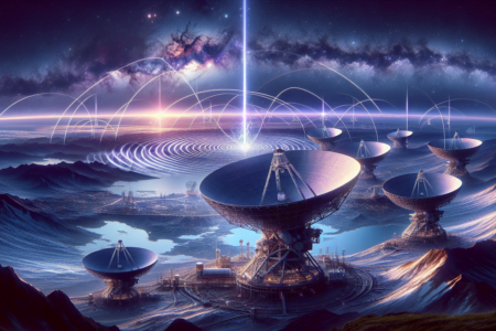 alt_text: Antena besar berkomunikasi dengan pesawat luar angkasa di stasiun Deep Space Network.