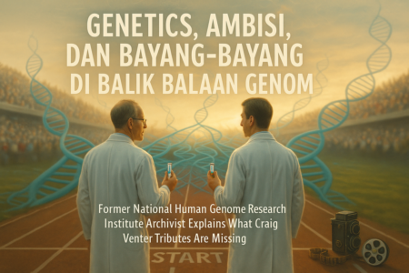"alt_text": "Persaingan genetika: Ambisi dan tantangan dalam penelitian genom manusia."