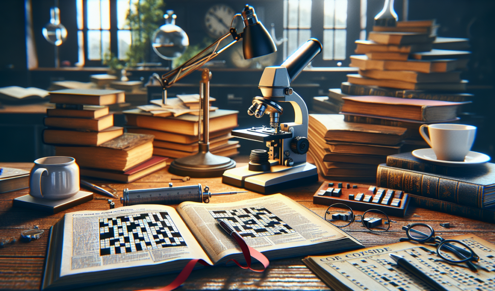 alt_text: Ilustrasi teka-teki silang bertema sains dengan petunjuk ‘Peruse a Paper’.