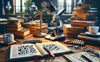 alt_text: Ilustrasi teka-teki silang bertema sains dengan petunjuk ‘Peruse a Paper’.