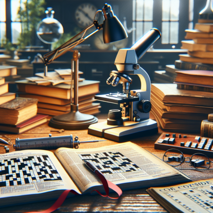 alt_text: Ilustrasi teka-teki silang bertema sains dengan petunjuk ‘Peruse a Paper’.