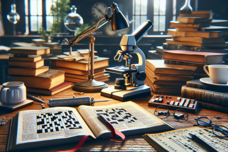 alt_text: Ilustrasi teka-teki silang bertema sains dengan petunjuk ‘Peruse a Paper’.