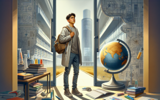 alt_text: Poster "Krisis Talenta Global" dengan ilustrasi dunia dan ikon pekerja berpindah.