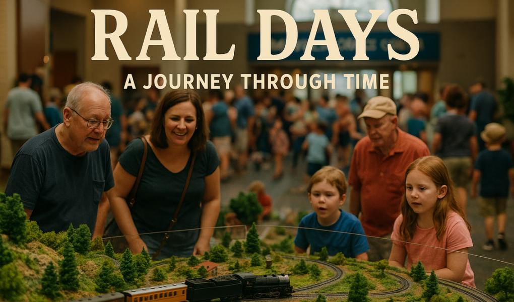 alt_text: Poster Rail Days: Acara sains dan kereta yang meriah di Danville.
