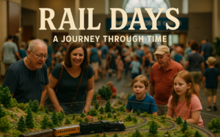 alt_text: Poster Rail Days: Acara sains dan kereta yang meriah di Danville.