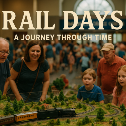 alt_text: Poster Rail Days: Acara sains dan kereta yang meriah di Danville.
