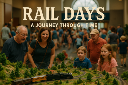 alt_text: Poster Rail Days: Acara sains dan kereta yang meriah di Danville.