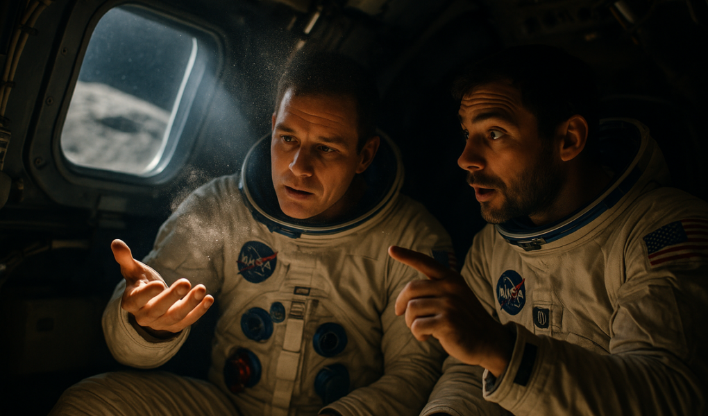 alt_text: Astronaut Apollo mencium aroma debu bulan di dalam kabin, menciptakan suasana yang penuh misteri.