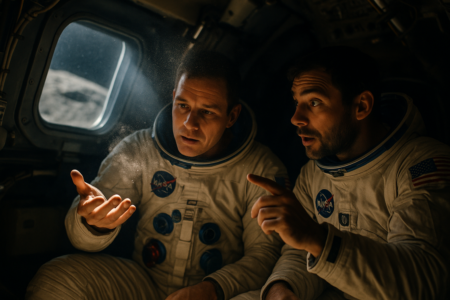 alt_text: Astronaut Apollo mencium aroma debu bulan di dalam kabin, menciptakan suasana yang penuh misteri.
