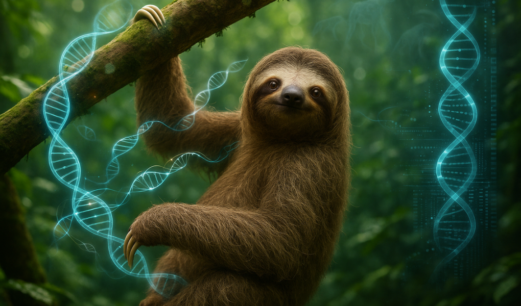 alt_text: Sloth di pohon, lambat bergerak, kulkas, simbol metabolisme rendah, energi minimal.