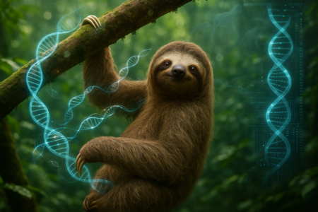 alt_text: Sloth di pohon, lambat bergerak, kulkas, simbol metabolisme rendah, energi minimal.