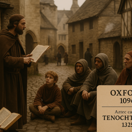 alt_text: Duel sejarah: arsitektur Oxford klasik versus desain Aztec kuno, menantang waktu.