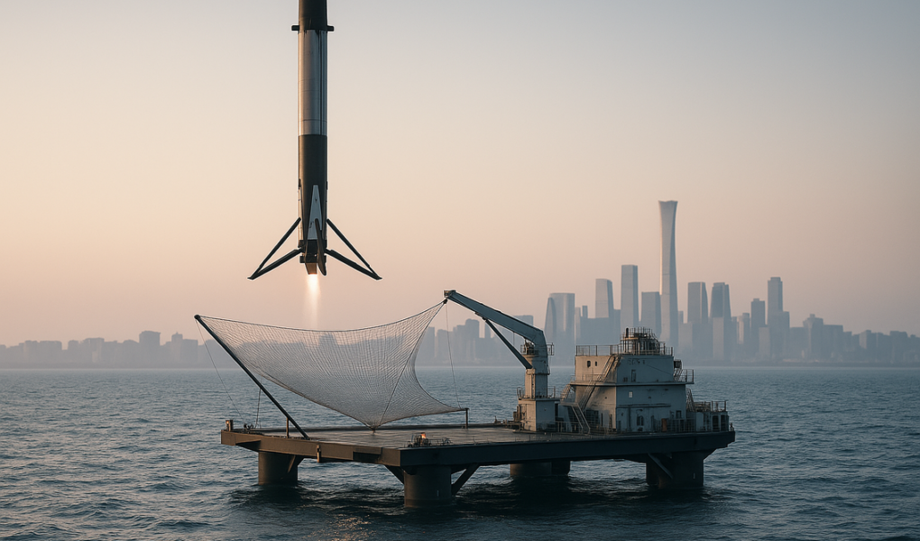 alt_text: Roket Falcon 9 meluncur di atas Laut China, menandai era baru dalam eksplorasi luar angkasa.