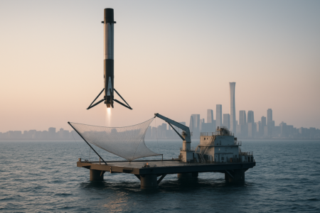 alt_text: Roket Falcon 9 meluncur di atas Laut China, menandai era baru dalam eksplorasi luar angkasa.