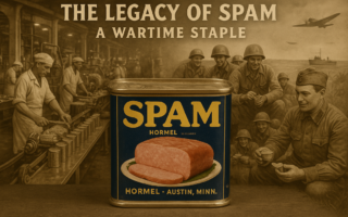 #alt_text Ilustrasi kaleng Spam menggambarkan ketegangan perang dan media di era industri makanan.