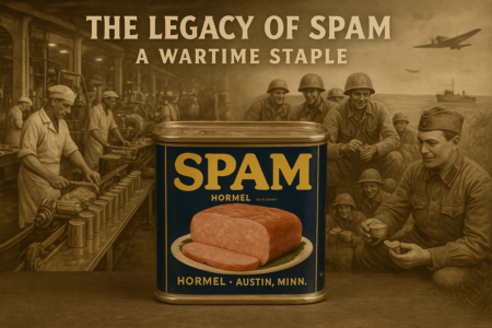 #alt_text Ilustrasi kaleng Spam menggambarkan ketegangan perang dan media di era industri makanan.